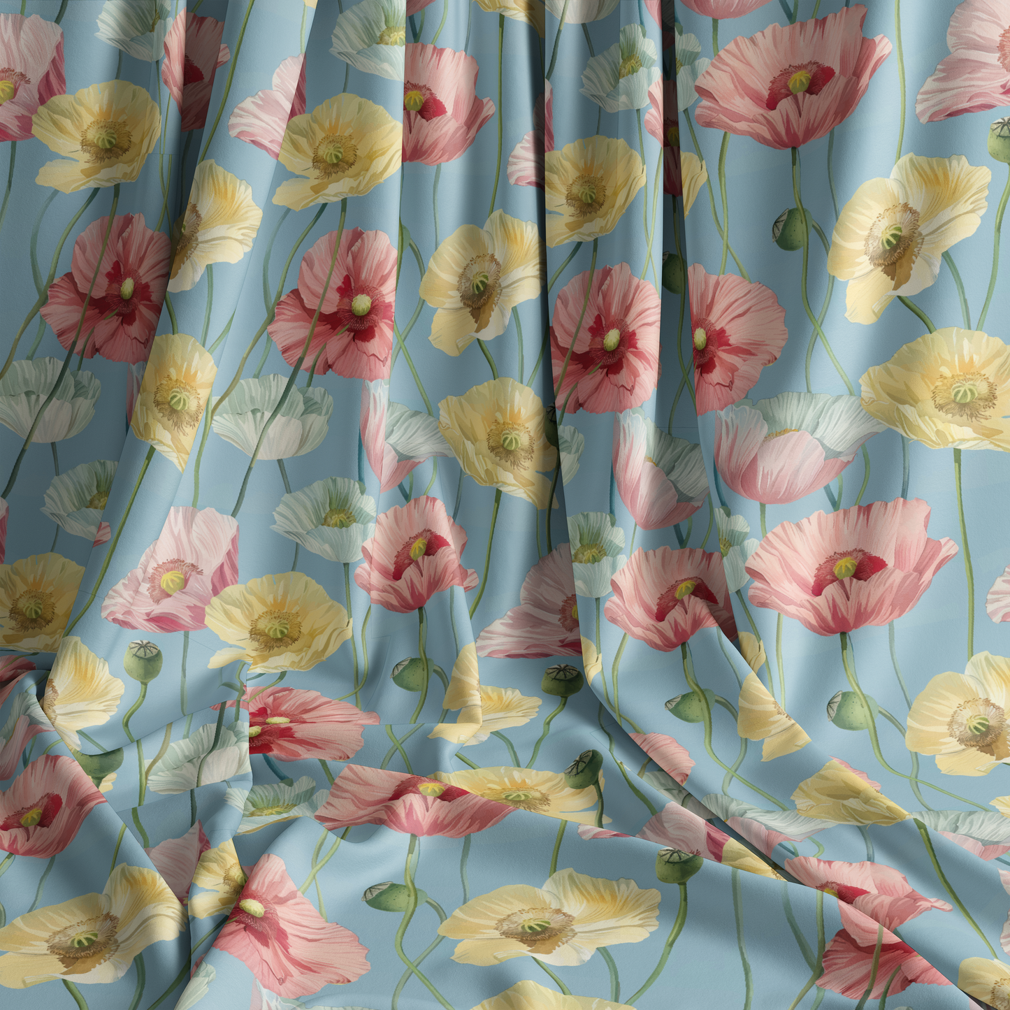 Pink and Yellow Poppies on Blue - Pre Order