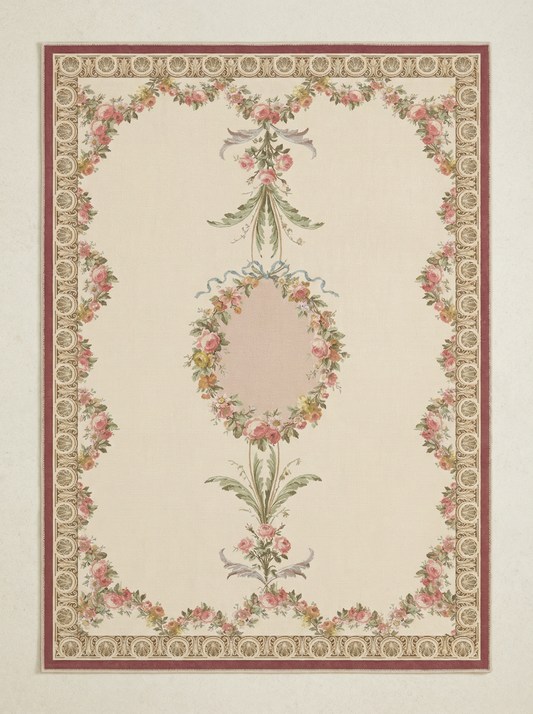 Classical Ribbons and Roses Burgundy Rug
